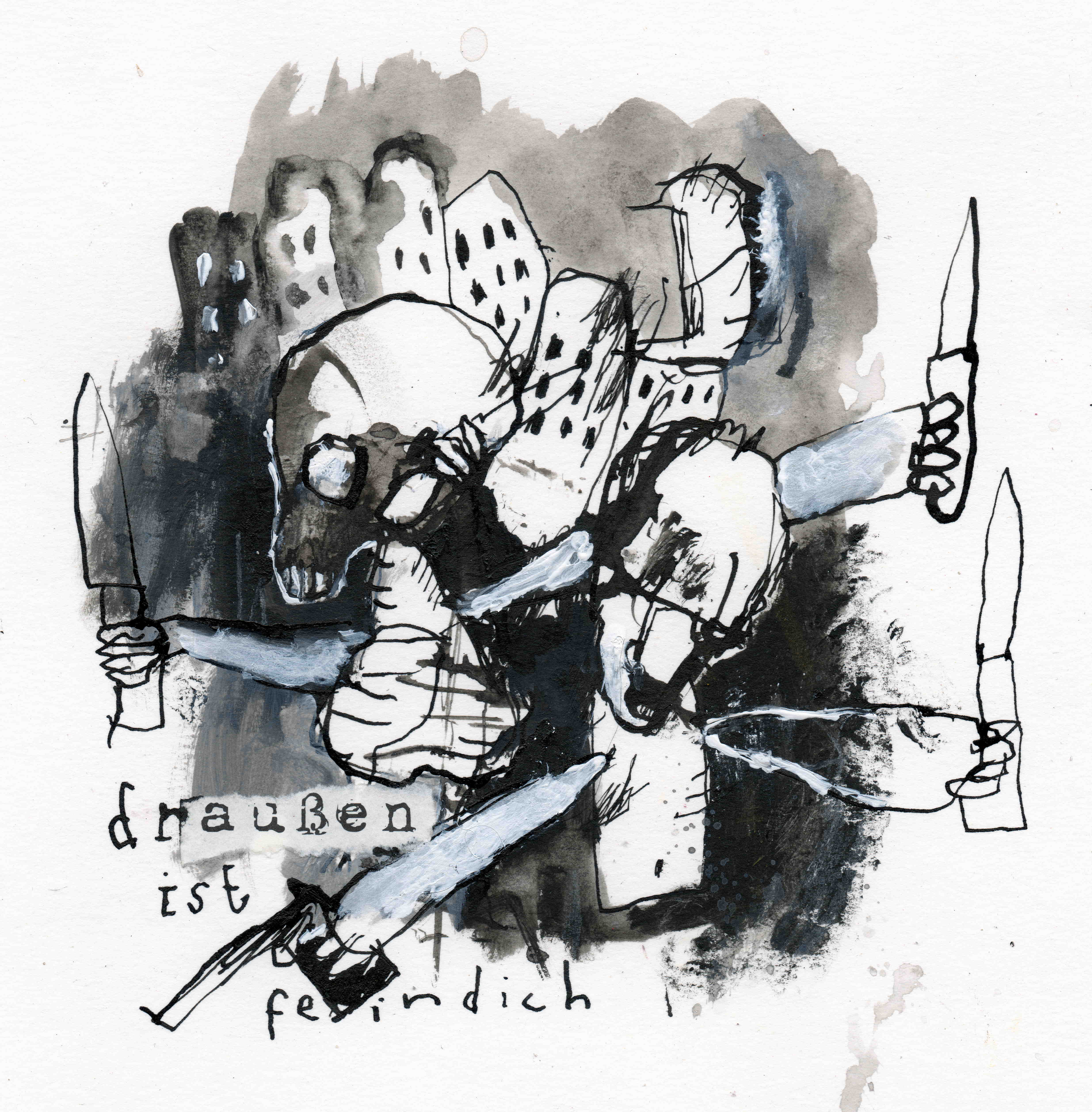 MH18 Draussen ist feindlich, mixed media on paper, 17 x 17 cm, 2020