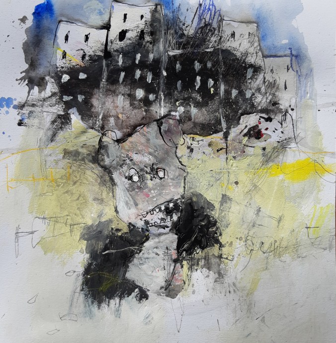 MH22 Kid Blue going to the city, mixed media on paper, 27,5 x 29,7 cm, 2020