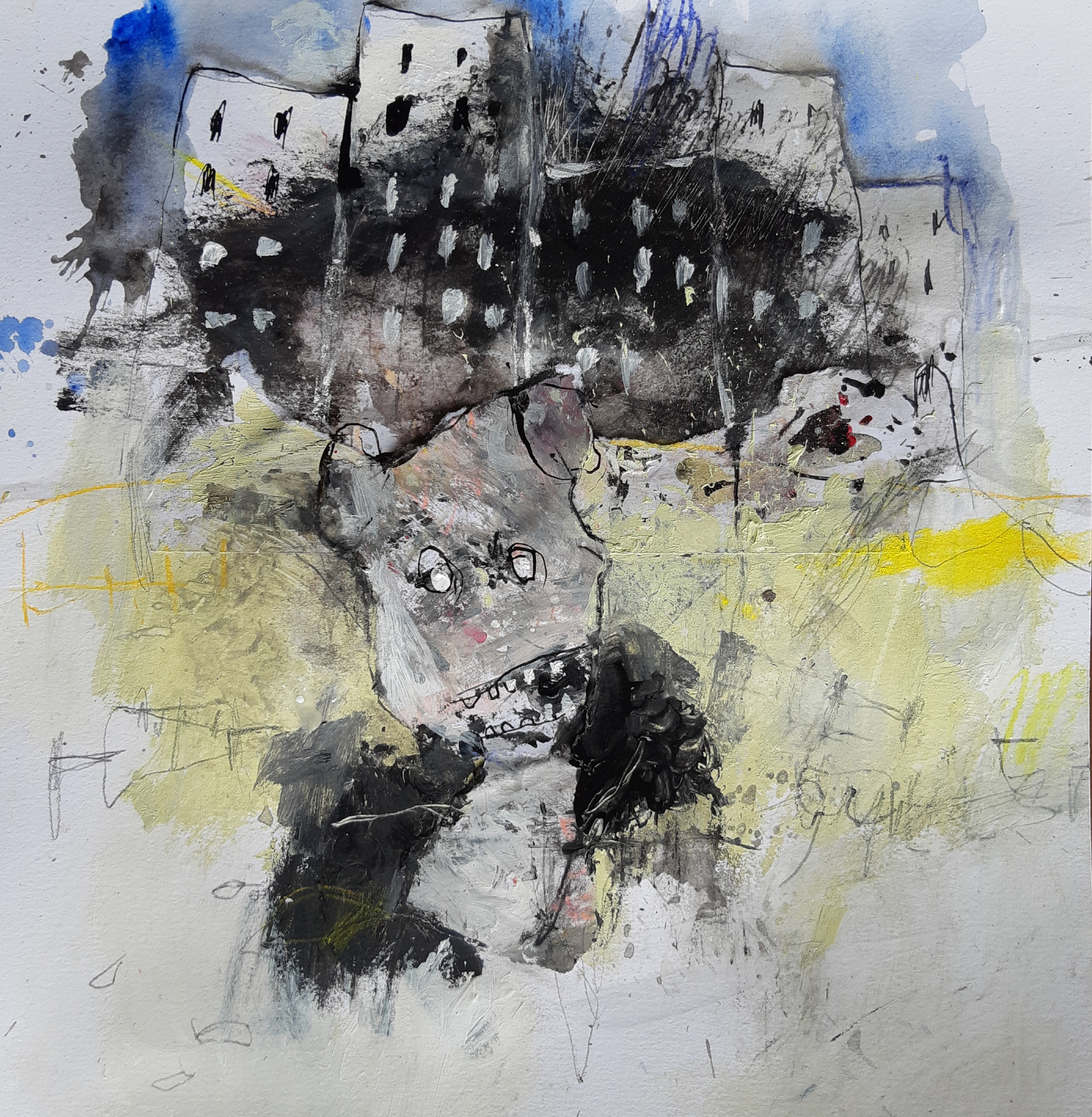 MH22 Kid Blue going to the city, mixed media on paper, 27,5 x 29,7 cm, 2020