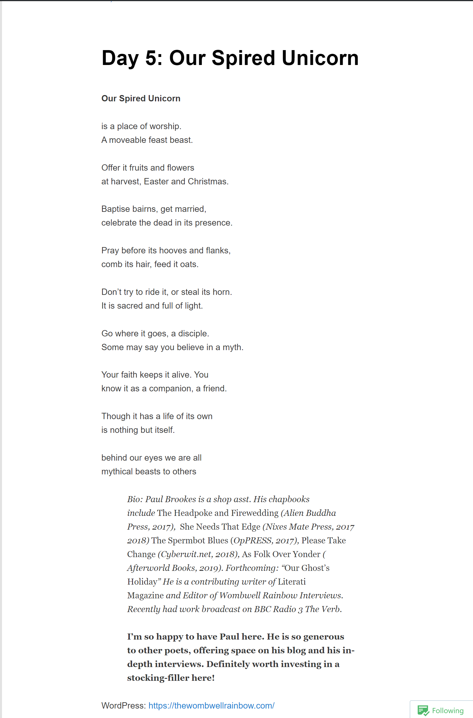 Our Spired Unicorn day five of Sarah Connor's poetry advent Calendar