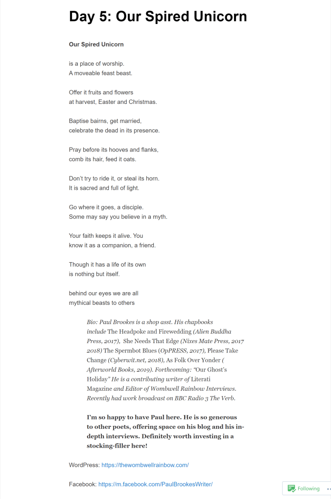 Our Spired Unicorn on December 5th 2020 Sarah Connor's poetry advent Calendar