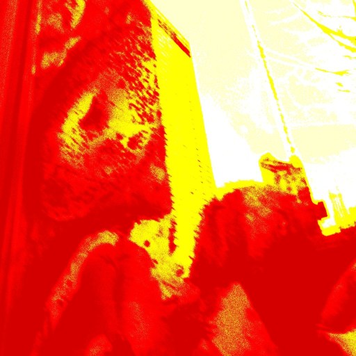 Demons at a window looking in -- distorted glitch visual poem construction in red and yellow fiery hint of a skyscraper building behind frames and curtains -- sense of dread and catastrophe. by Robert Frede Kenter (c) 2023. Same image as the banner above the poem.
