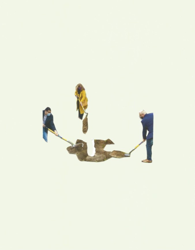 Collage of 2 men one woman with shovels digging -- the ground is torn cut paper. 