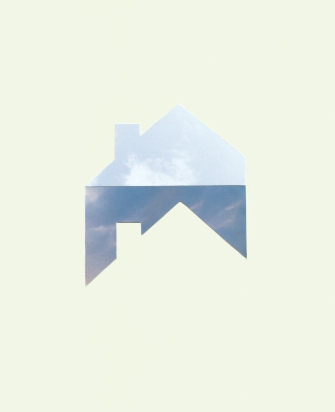 Sky lighter and darker in the shape of a house architectural template floating in the center of the pale yellow-green background. 