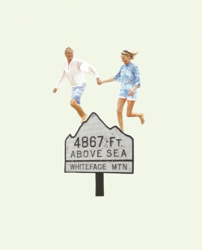 A middle class white couple -- middle-aged -- privileged -- run behind a sign that reads: 4867-FT ABOVE SEA WHITEFACE MTN. Pale yellow background.
