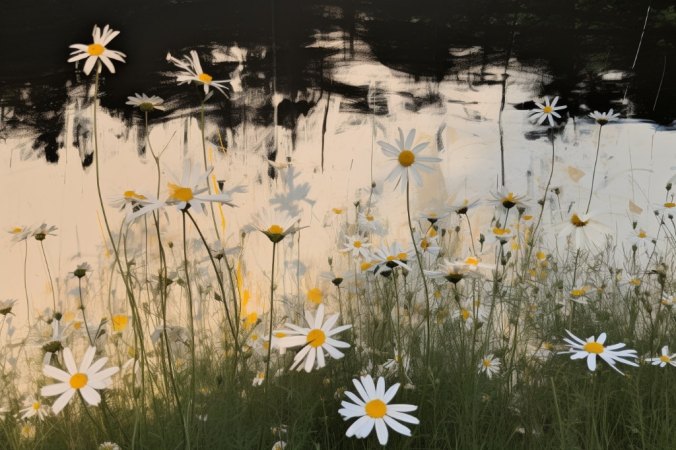 wildflowers, daisies, around a pond