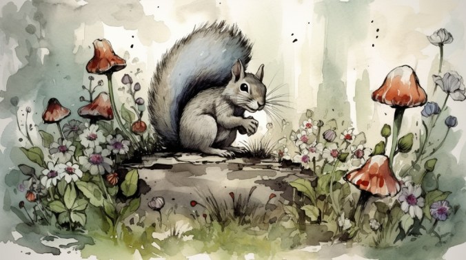 drawing of a grey squirrel in the garden. Mushrooms, flowers, watercolour and pen.