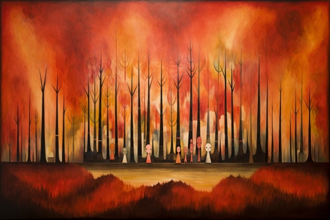 AI art: cubism forest fire in the style Paul Klee.