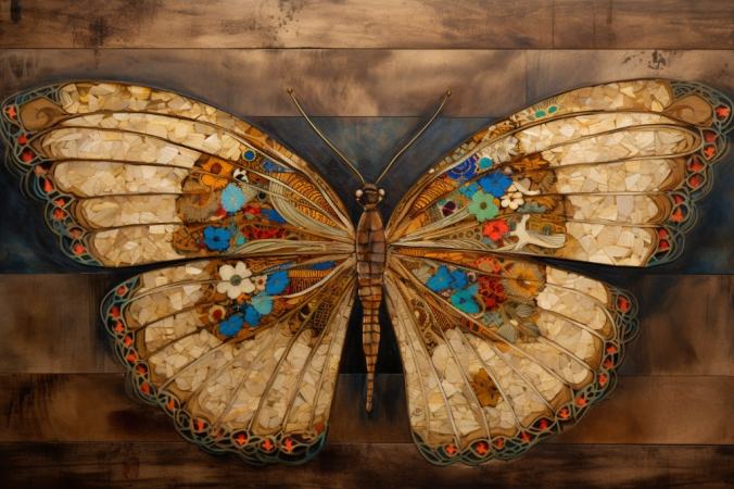 butterfly wood chip mosaic in gold brown, blue, green, red colours