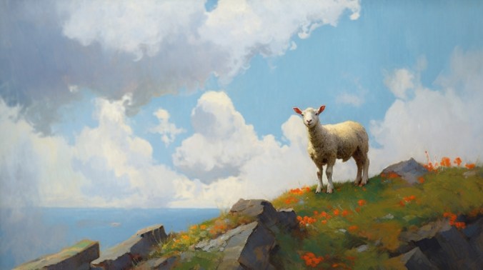 lamb standing on a hilltop, wildflowers