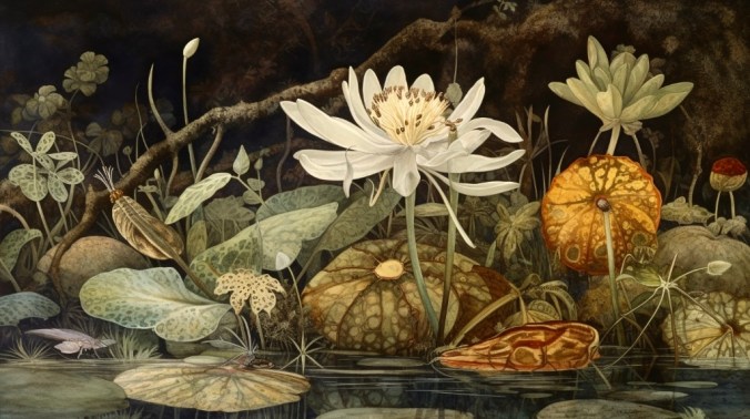 a pond with lily pads, frogs, moths in the evening 