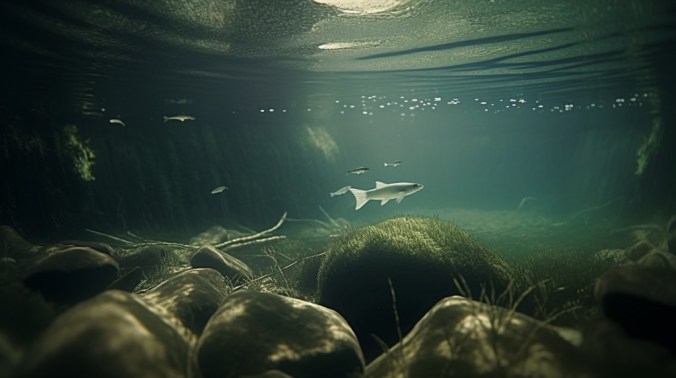 underwater view of a stream with fish