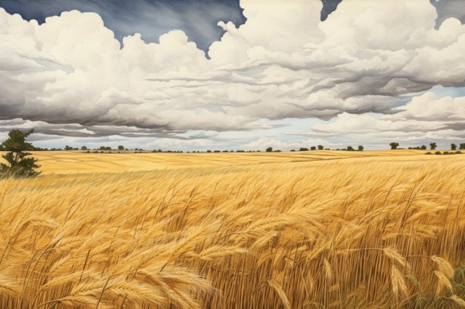 wheat field with broad sky and scattered clouds. Summer. Colours gold, white, grey blue and green