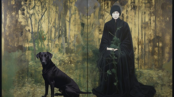 AI digital art. a woman in black and a black dog in a vine-like forest