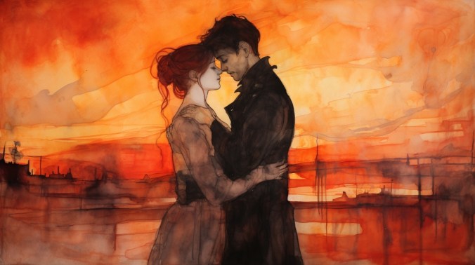 young lovers, city in background, bright sunset red yellow and orange colours.